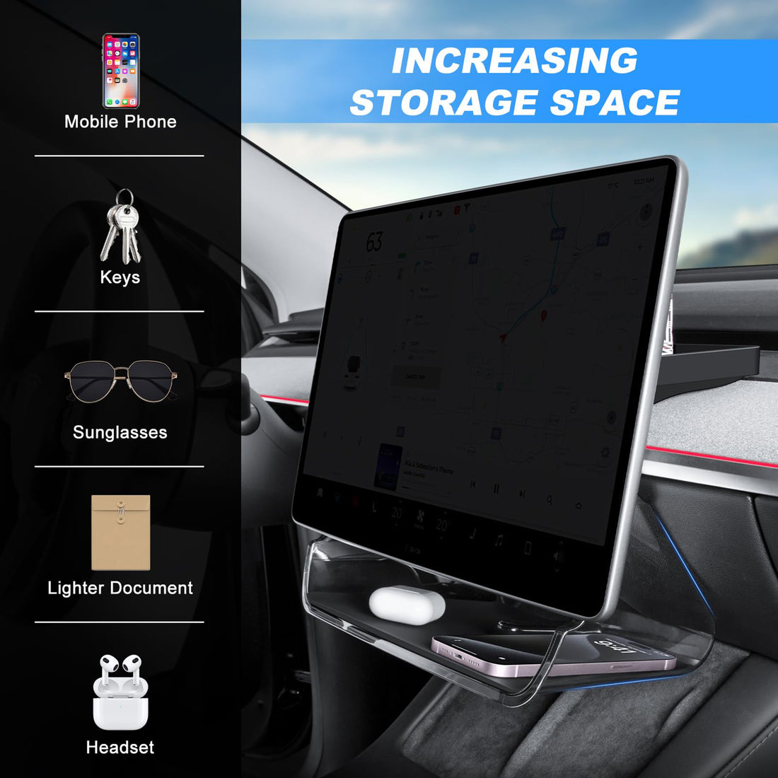 Tespart - Center Console Organizer Under Screen Storage for Tesla Model 3 Highland