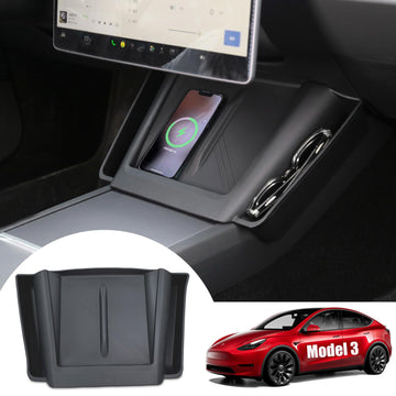 Tespart - Center Console Wireless Charging Pad with Side Pockets For Tesla Model 3 Highland