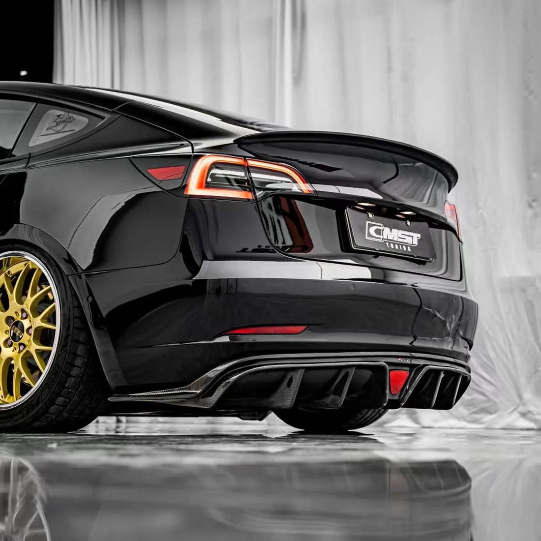 Tespart - Model 3 Rear Diffuser With Lights - Real Molded Carbon Fiber