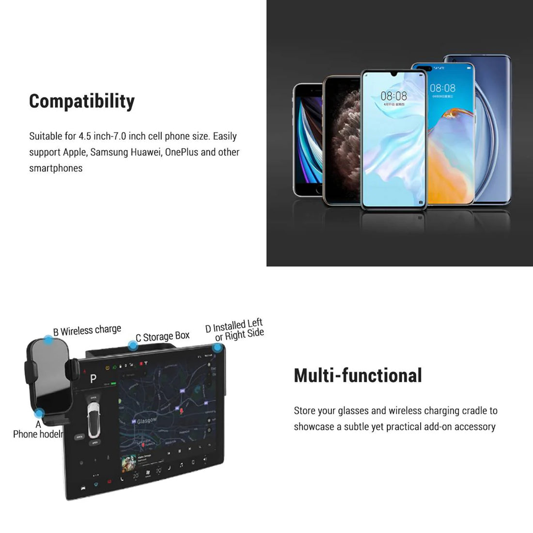 Tespart - Wireless Charging Phone Holder & Storage Organizer for Tesla Model 3 / Y